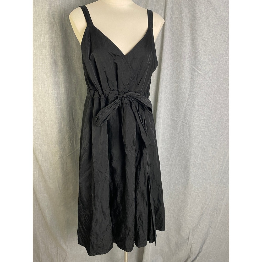 Eileen Fisher Black Tie Waist Slip‎ Dress Subtle Metallic Woven Size 16 LBD